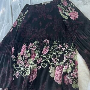 Women’s Floral Pleated Black Blouse with Pink and Green Print
